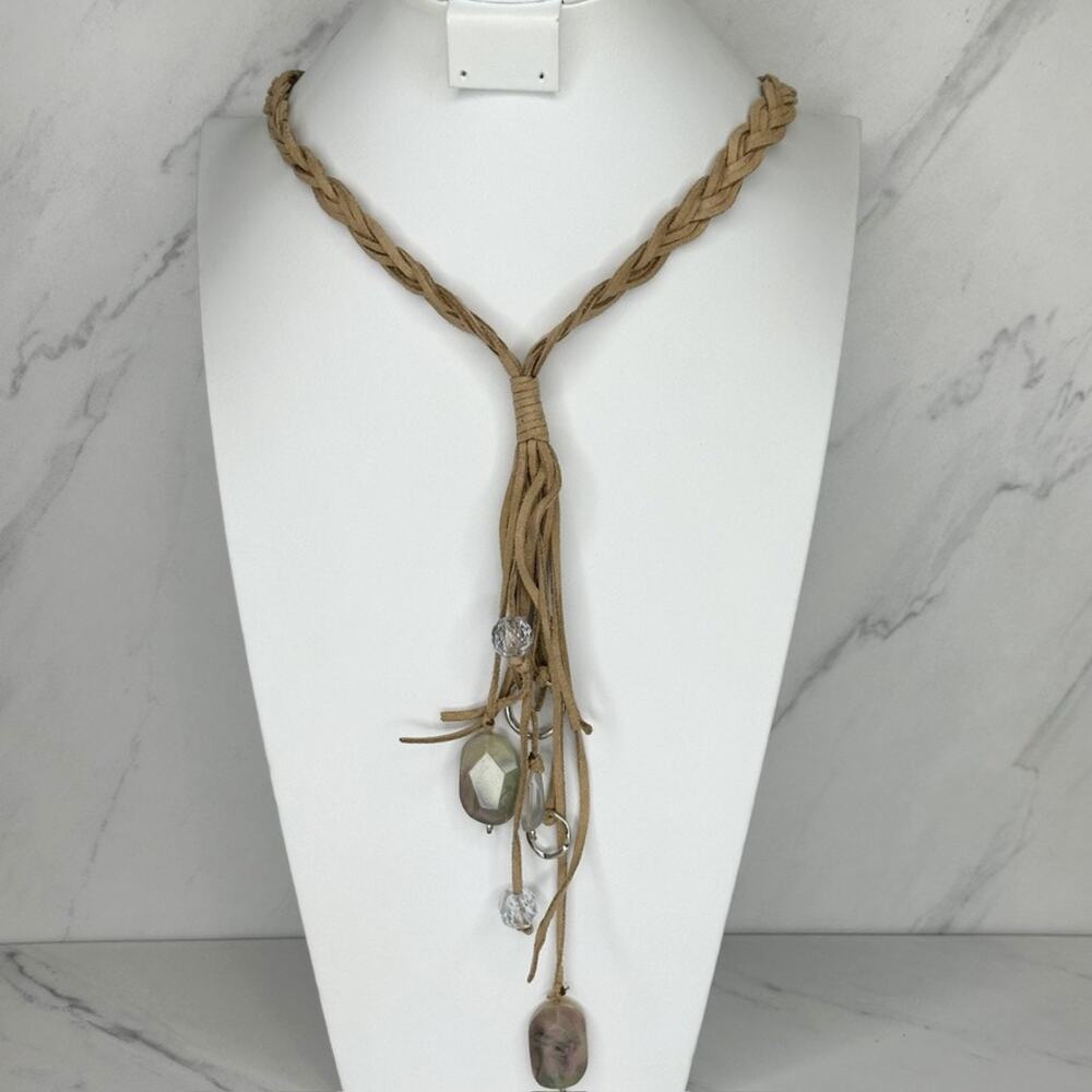 Chico's Braided Suede Cord Tassel Lariat Beaded Pendant Necklace Silver ✨